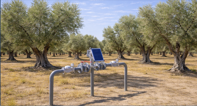 Solar-powered irrigation controller in an olive tree orchard