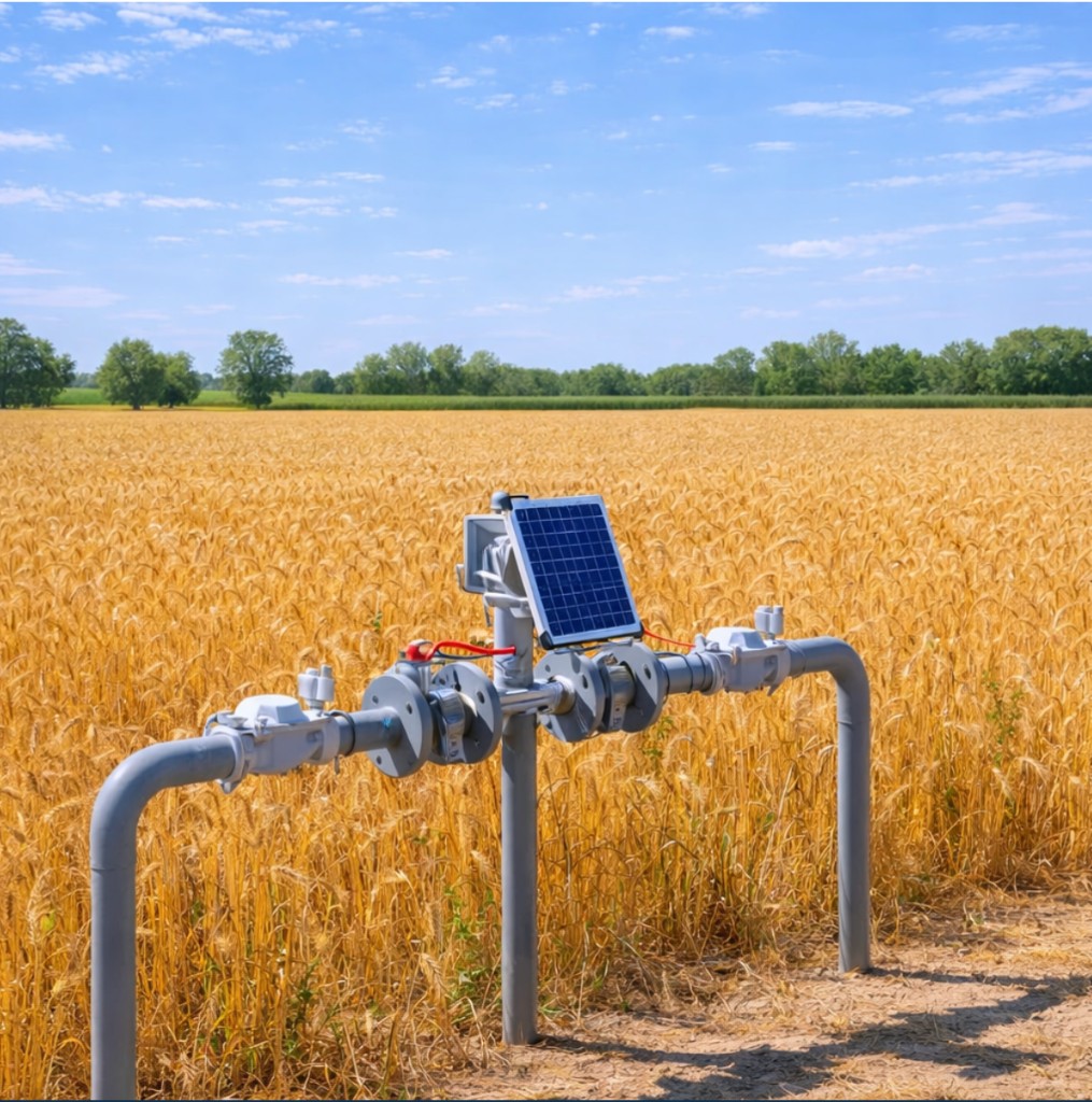 Solar-powered irrigation controller in a golden crop field